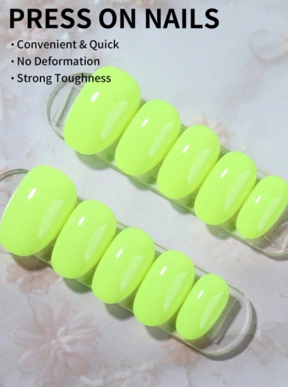 Beautiful Set - 24pcs Short Oval Style Neon Yellow Design Fake Press on Nail