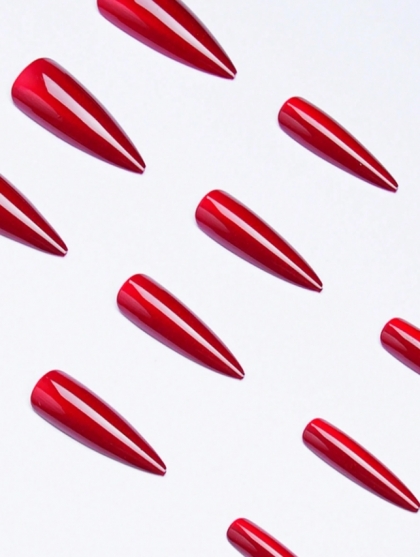 Beautiful Set - 24pcs Long Stiletto Crystal Intensive Red Color Cat Eye Sparkle Chameleon Design Fake Press on Nail