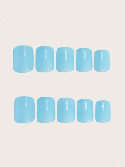 Beautiful Set - 24pcs Short Square Light Baby Blue Design Fake Press on Nail