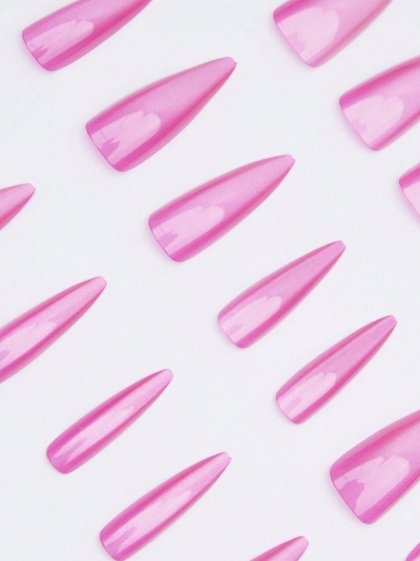 Beautiful Set - 24pcs  Long Stiletto Crystal Pink Bonbon Cat Eye Sparkle Chameleon Design Fake Press on Nail