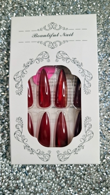 Beautiful Set - 24pcs Long Stiletto Crystal Intensive Red Color Cat Eye Sparkle Chameleon Design Fake Press on Nail