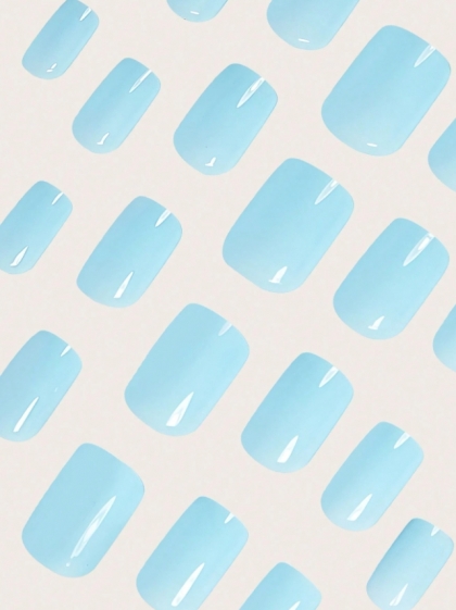 Beautiful Set - 24pcs Short Square Light Baby Blue Design Fake Press on Nail