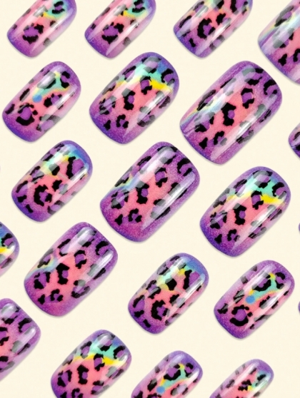 Beautiful Set - 24pcs Short Square Exotic Leopard Rainbow Color Cute Design Fake Press on Nail