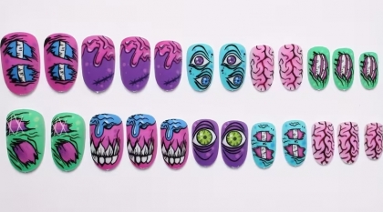 Beautiful Set - 24pcs Short Oval Funny Zombie - Eye / Brain / Halloween Art Design Fake Press on Nail