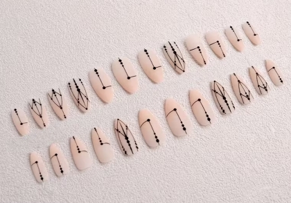 Beautiful Set - 24pcs Long Almond Matte Geometric Line Nude Design Fake Press on Nail