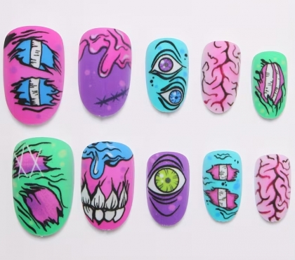 Beautiful Set - 24pcs Short Oval Funny Zombie - Eye / Brain / Halloween Art Design Fake Press on Nail