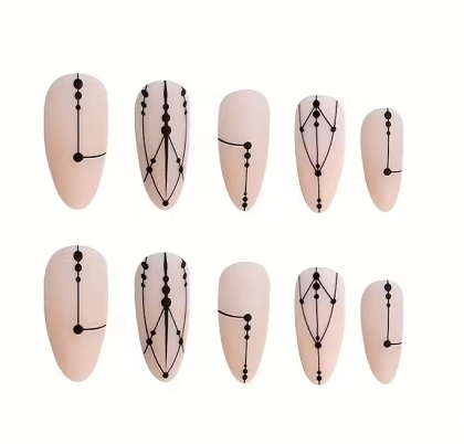 Beautiful Set - 24pcs Long Almond Matte Geometric Line Nude Design Fake Press on Nail