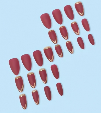 Beautiful Set - 24pcs Long Almond Sweet ValentineS Day Style with Matte Red Hearts with Gold Trendy Design Fake Press on Nail
