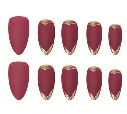 Beautiful Set - 24pcs Long Almond Sweet ValentineS Day Style with Matte Red Hearts with Gold Trendy Design Fake Press on Nail
