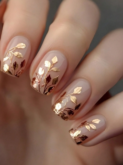 Комплект Разкошни Press-on Изкуствени Нокти 24 броя Луксозни Златни Листенца с Нюд Основа, Луксозен Маникюр, Сватбен Маникюр, Златни Нокти, Изкуствени Нокти с Лепене, Качествени Гел Златни Нокти, Нокти за Всеки Ден, Press On Нокти за Бързо Поставяне