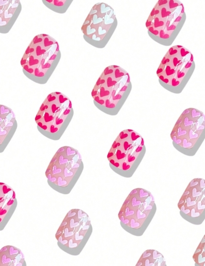 Set of Luxurious Press-On Artificial Nails - 24 Pieces, Short Square Shape Decorated with Cute Pink Hearts, Pink Nails, Short Everyday Manicure, Artificial Nails Online, Nail Kit for At-Home Application, Hand-Painted Heart Nail Design, Cute Nails