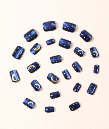 Set of Luxurious Press-On Artificial Nails - 24 Pieces, Short Square Shape with Mystical Cat Eye Effect in Blue, Featuring Shimmering Stars and Moon, Elegant Boutique Manicure, Everyday Nails, Nails for Special Occasions, Gel Nails for Every Woman