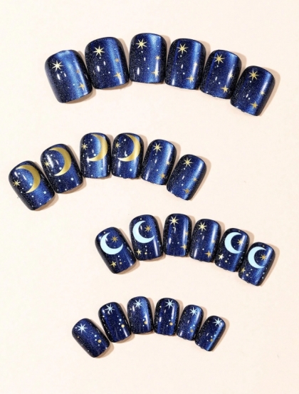 Set of Luxurious Press-On Artificial Nails - 24 Pieces, Short Square Shape with Mystical Cat Eye Effect in Blue, Featuring Shimmering Stars and Moon, Elegant Boutique Manicure, Everyday Nails, Nails for Special Occasions, Gel Nails for Every Woman