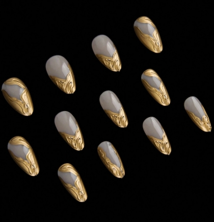 Luxury Set of 24 Press-On Fake Nails - Ultra-Modern Metallic 3D Effect Almond Shape Liquid Metal Manicure, Beautiful Artificial Nails, At-Home Press-On Nail Application, Quick and Harmless Manicure, Reusable Nails for Everyday Wear