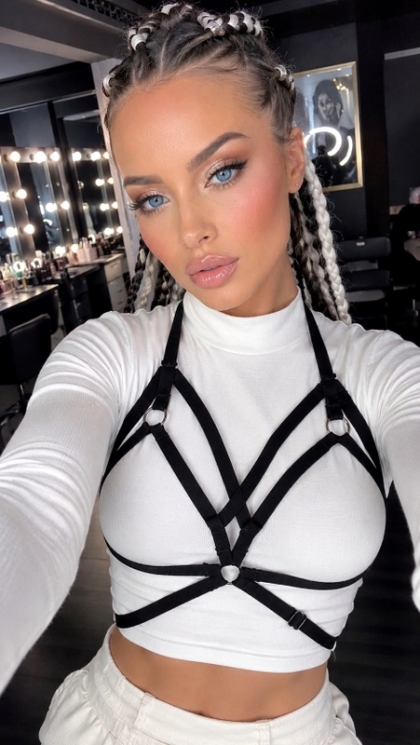 Дамски Еластичен Harness Top Black Vixen с Геометрични Ленти и Метални Халки - Дръзко Бижу за Тяло за Клуб, Фестивал, Pole Dance, Кабаре, Готик и Ърбан Визии