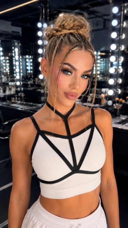 Дамски Еластичен Harness Top Black NOIR V-LINE - Геометрични Ленти, Дръзко Бижу за Тяло за Клуб, Фестивал, Pole Dance, Кабаре, Готик, Lolita, Kawaii, Techno и Urban Визии